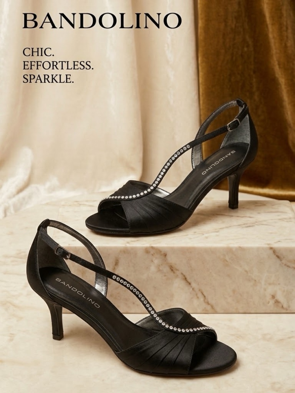 Bandolino Black Satin Slingback Heels with Rhinestone Trim